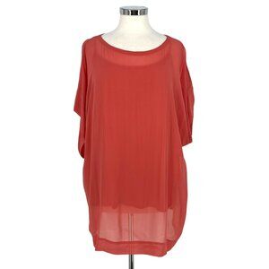 Eileen Fisher Sheer Overlay Top Tunic Length Short Sleeve Rust Peach Size Large
